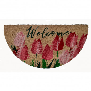 Zerbino in cocco stampato mezzaluna cm.70x40 Welcome con tulipani
