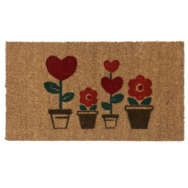 Natural coconut doormat with flower vases and hearts print