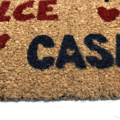 Natural coconut doormat with Casa Dolce Casa print with hearts